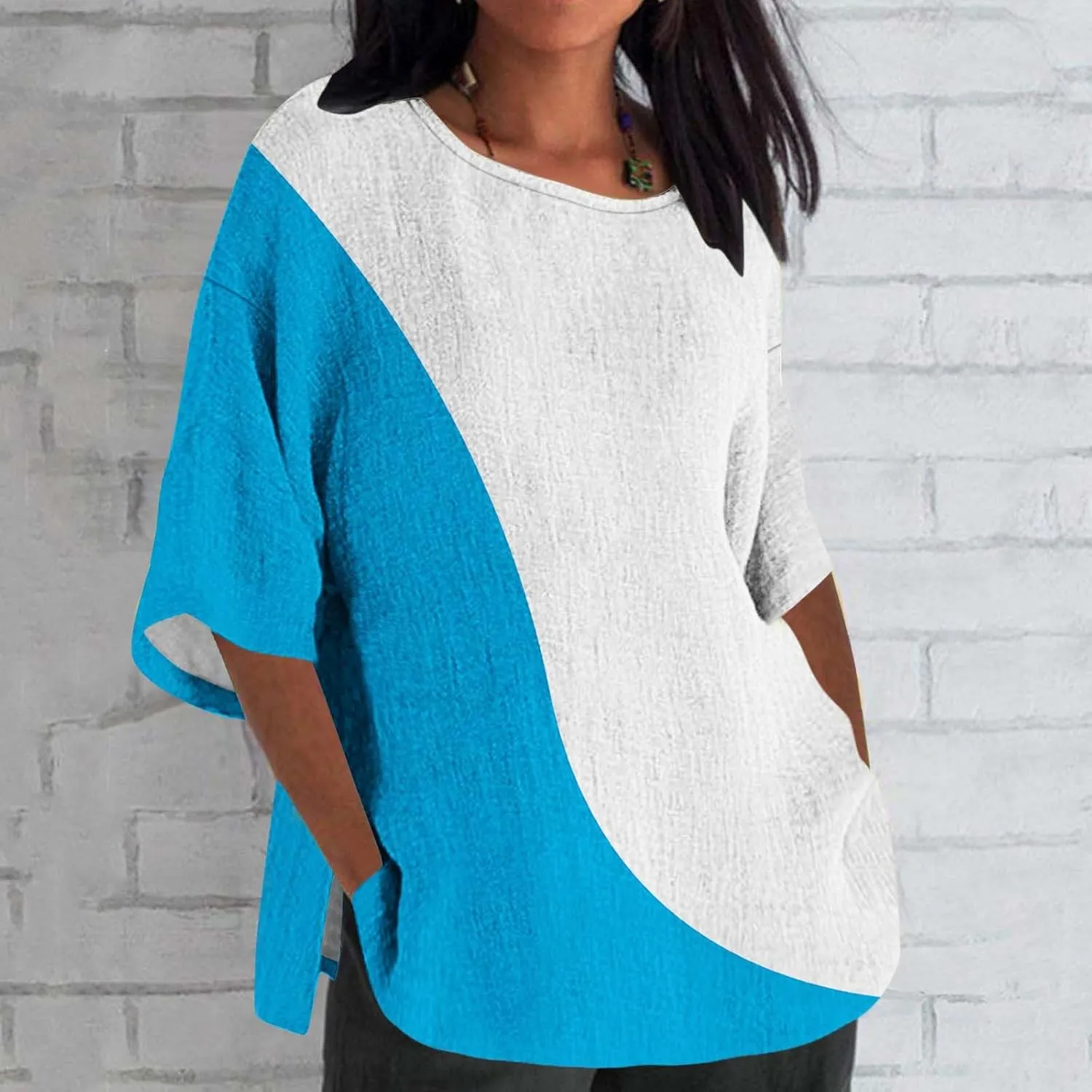 Oversize Tshirt Shirts for Women Dressy Casual 3/4 Sleeve Crewneck Summer Linen Tops Fashion Printed Tees Blouses