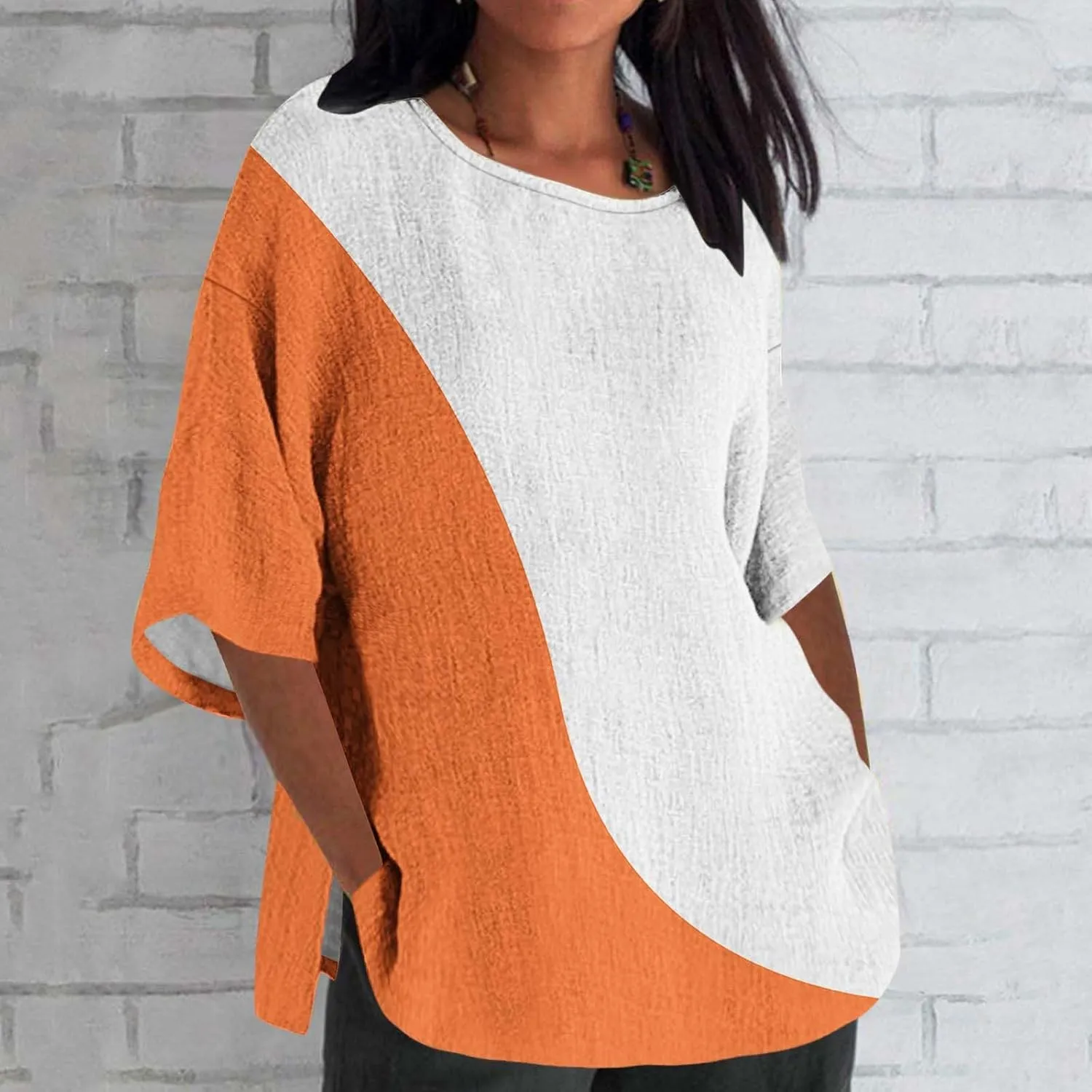 Oversize Tshirt Shirts for Women Dressy Casual 3/4 Sleeve Crewneck Summer Linen Tops Fashion Printed Tees Blouses