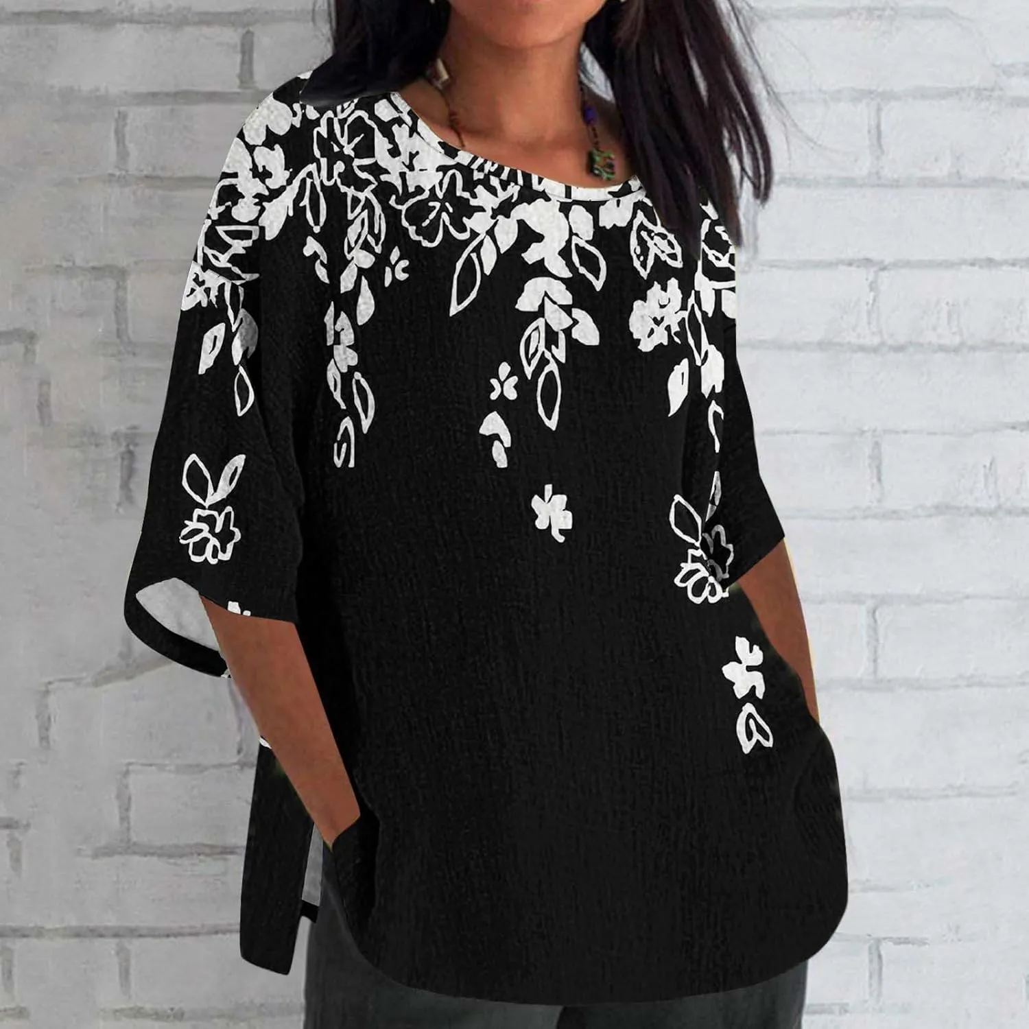 Oversize Tshirt Shirts for Women Dressy Casual 3/4 Sleeve Crewneck Summer Linen Tops Fashion Printed Tees Blouses