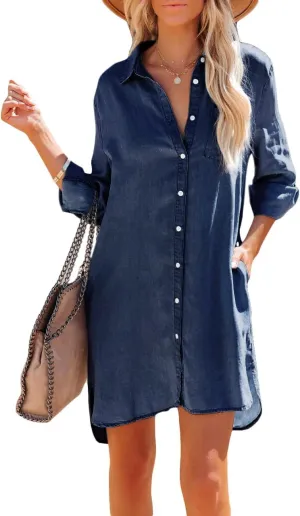 Paintcolors Women's Long Sleeve Silk Denim Button Up Dresses Shirt Tunics Cover-ups Oversized Blouse Tops with Pockets