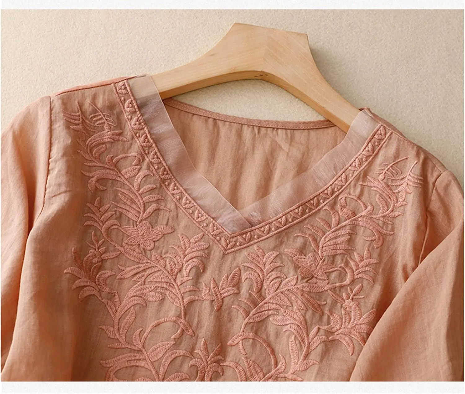 Peasant Tops for Women Summer Embroidered Cotton Linen Blouses Loose Fit Round Neck Tees Bohemian Shirts