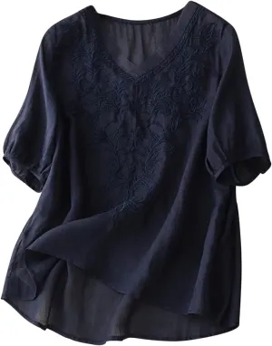 Peasant Tops for Women Summer Embroidered Cotton Linen Blouses Loose Fit Round Neck Tees Bohemian Shirts