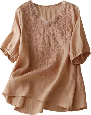 Peasant Tops for Women Summer Embroidered Cotton Linen Blouses Loose Fit Round Neck Tees Bohemian Shirts