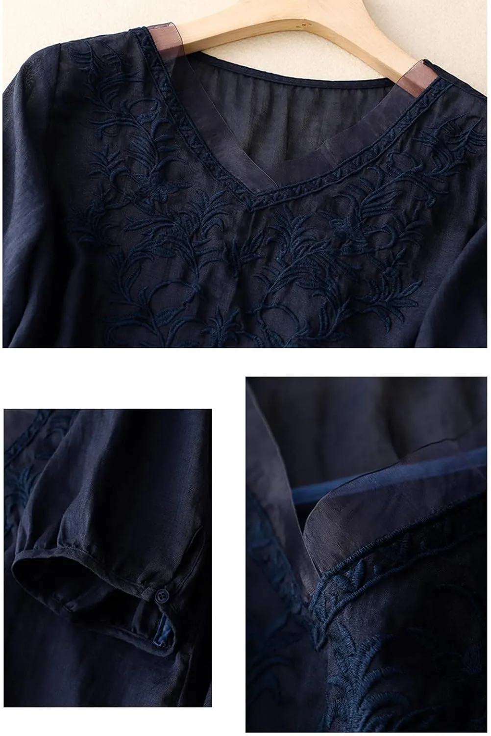 Peasant Tops for Women Summer Embroidered Cotton Linen Blouses Loose Fit Round Neck Tees Bohemian Shirts