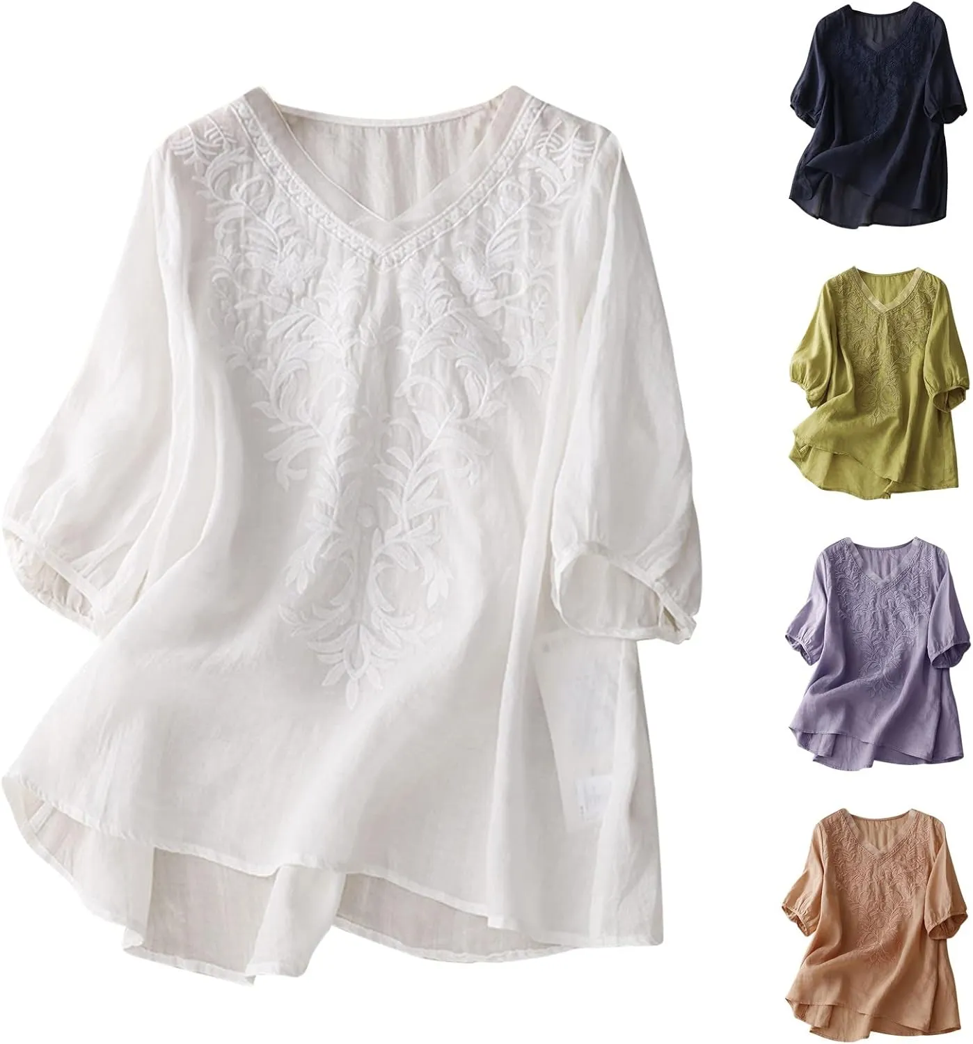 Peasant Tops for Women Summer Embroidered Cotton Linen Blouses Loose Fit Round Neck Tees Bohemian Shirts