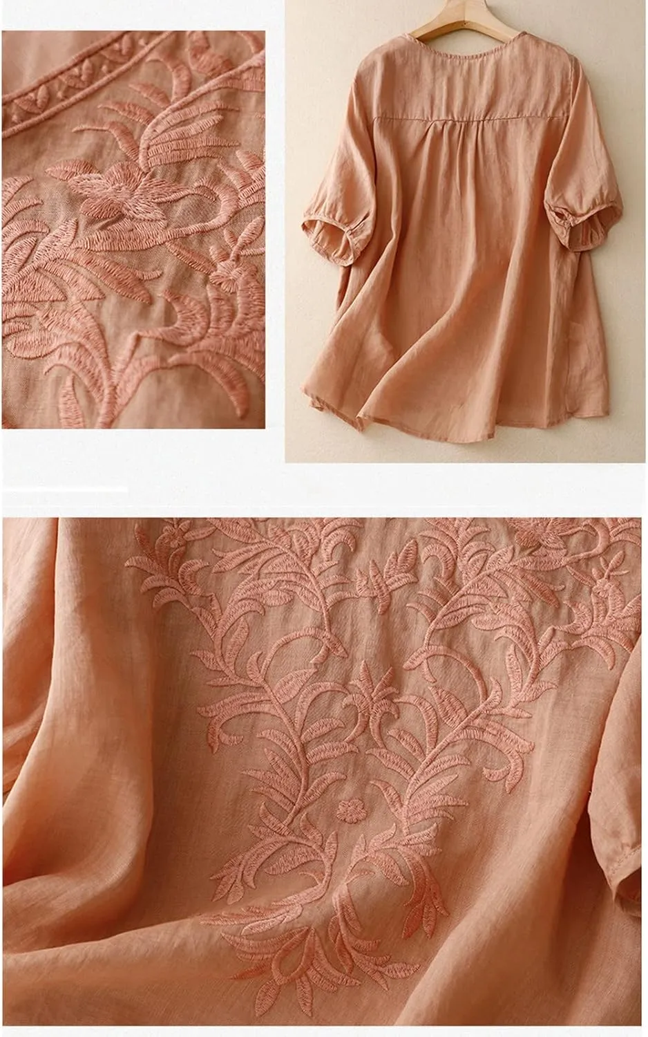 Peasant Tops for Women Summer Embroidered Cotton Linen Blouses Loose Fit Round Neck Tees Bohemian Shirts