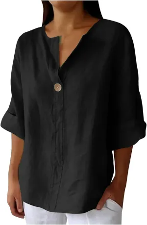 Plus Size Linen Shirts for Women 2025 Trendy Summer Tops Button 3/4 Sleeve V Neck Beach Blouses Boho Loose Tunics