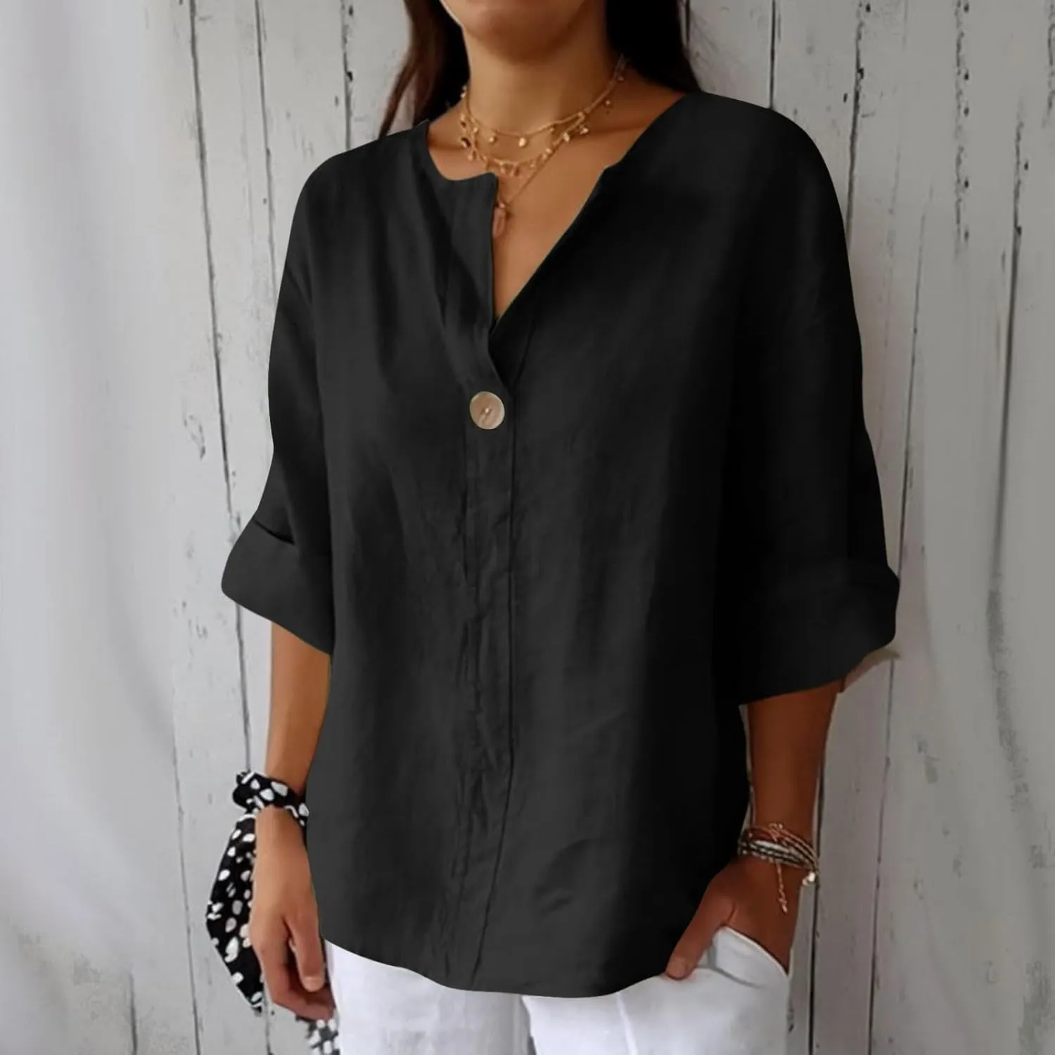 Plus Size Linen Shirts for Women 2025 Trendy Summer Tops Button 3/4 Sleeve V Neck Beach Blouses Boho Loose Tunics