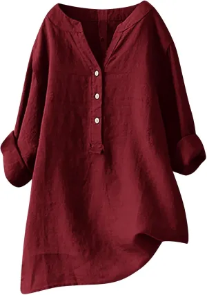 Plus Size Womens Cotton Linen Button Down Shirt 2025 Spring Summer Long Sleeve Tunic Solid Blouses Loose Work Tops