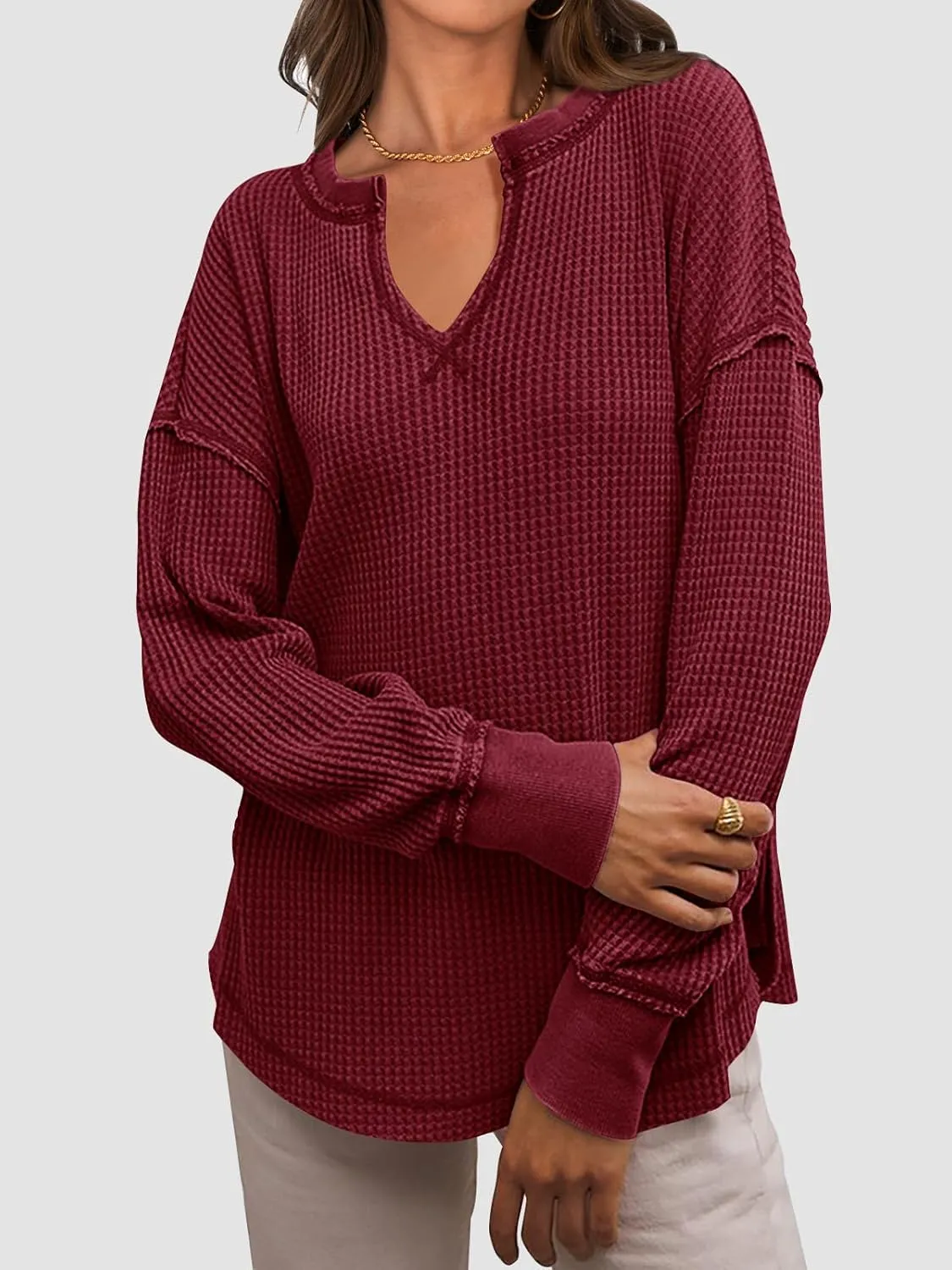 PRETTYGARDEN Womens Waffle Knit Long Sleeve Shirts Drop Shoulder V Neck Casual Pullover Exposed Seam Oversized Spring Tops