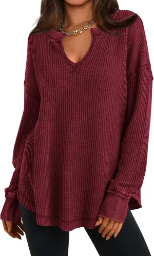 PRETTYGARDEN Womens Waffle Knit Long Sleeve Shirts Drop Shoulder V Neck Casual Pullover Exposed Seam Oversized Spring Tops