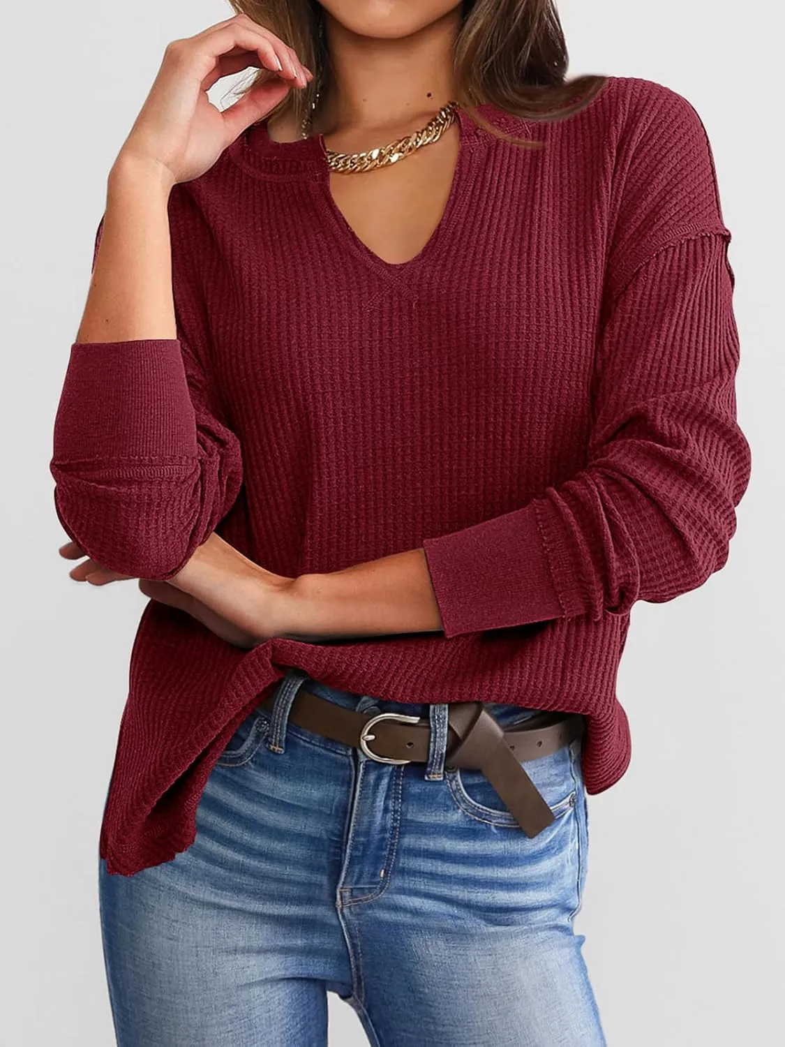 PRETTYGARDEN Womens Waffle Knit Long Sleeve Shirts Drop Shoulder V Neck Casual Pullover Exposed Seam Oversized Spring Tops