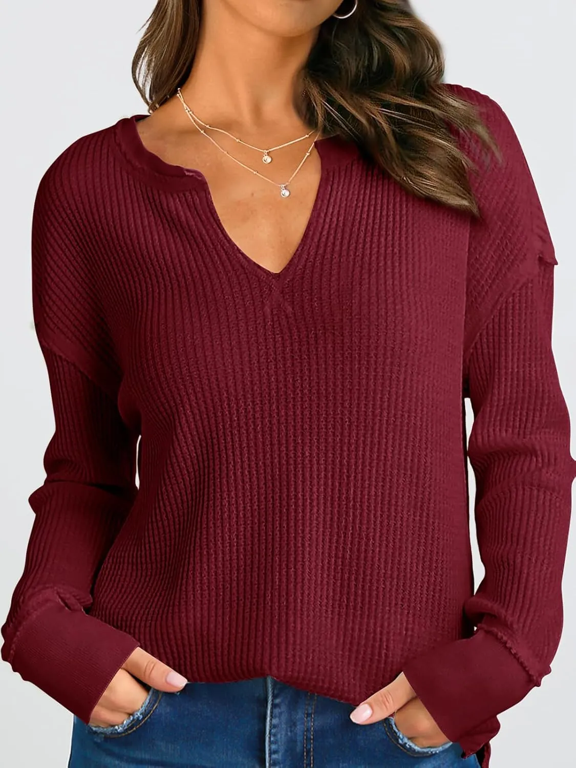 PRETTYGARDEN Womens Waffle Knit Long Sleeve Shirts Drop Shoulder V Neck Casual Pullover Exposed Seam Oversized Spring Tops