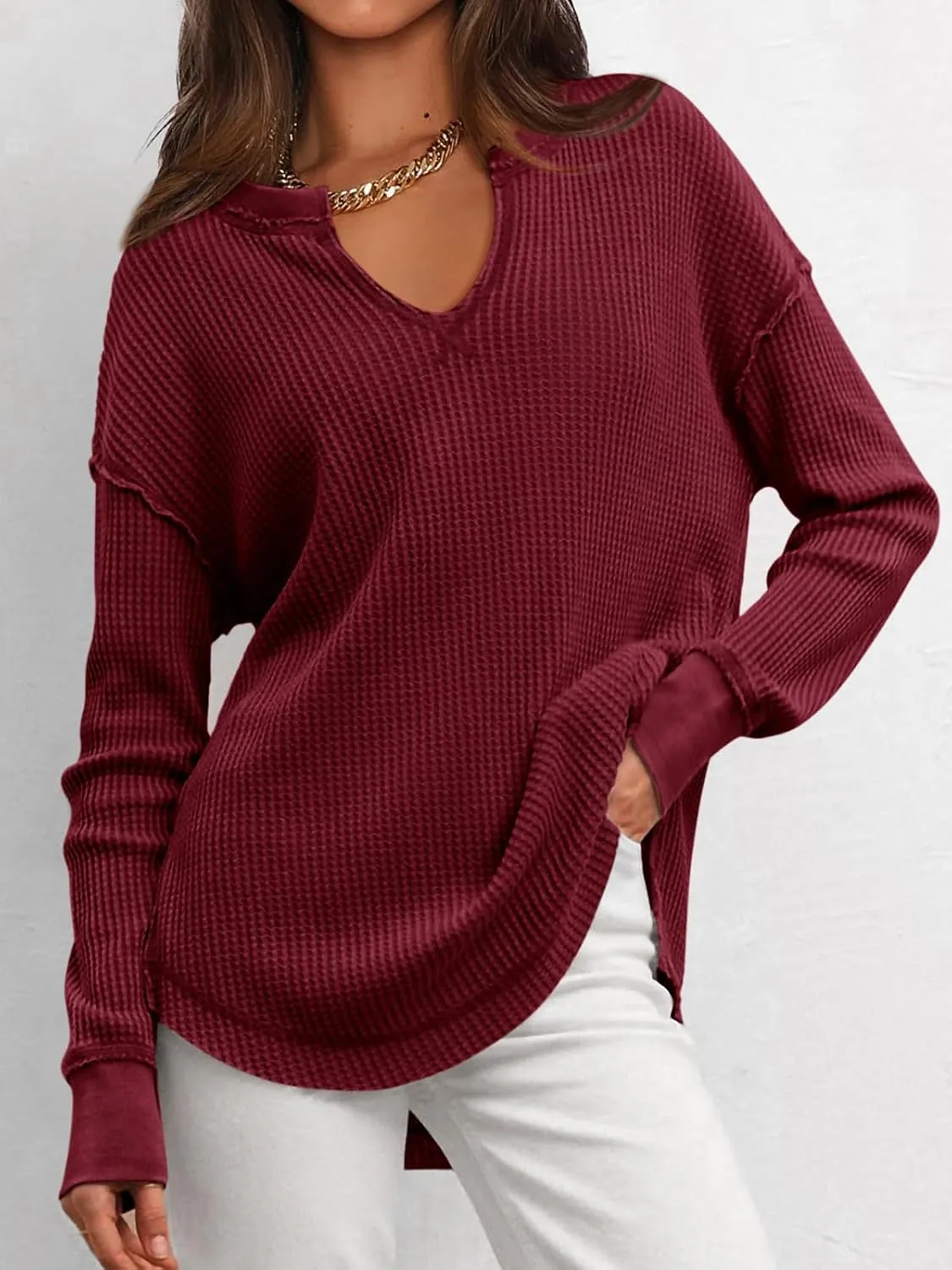 PRETTYGARDEN Womens Waffle Knit Long Sleeve Shirts Drop Shoulder V Neck Casual Pullover Exposed Seam Oversized Spring Tops