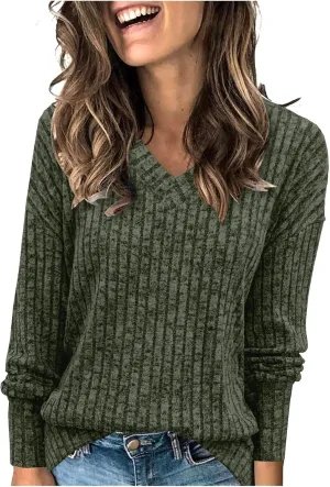 Ribbed Long Sleeve Tops for Women Casual Comfy Solid V Neck Pullover Tunics Tops Spring Fashion Loose Fit T Shirts