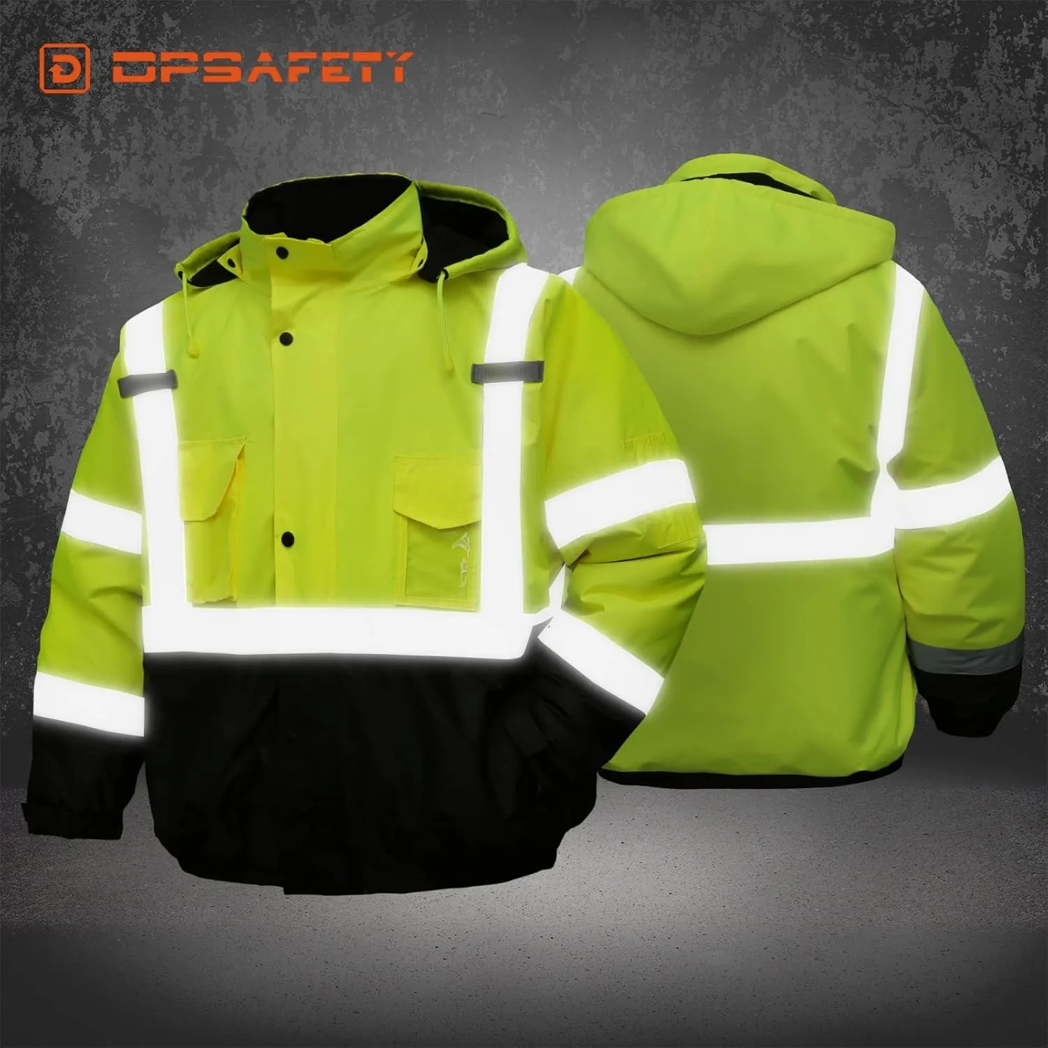 safety jacket for men, Reflective high Visibility Hooded jacket, Hi-Vis Bomber Jacket with Pockets and Zipper, waterproof, Black Bottom, ANSI/ISEA 107-2020 Type R Class 3,Lime