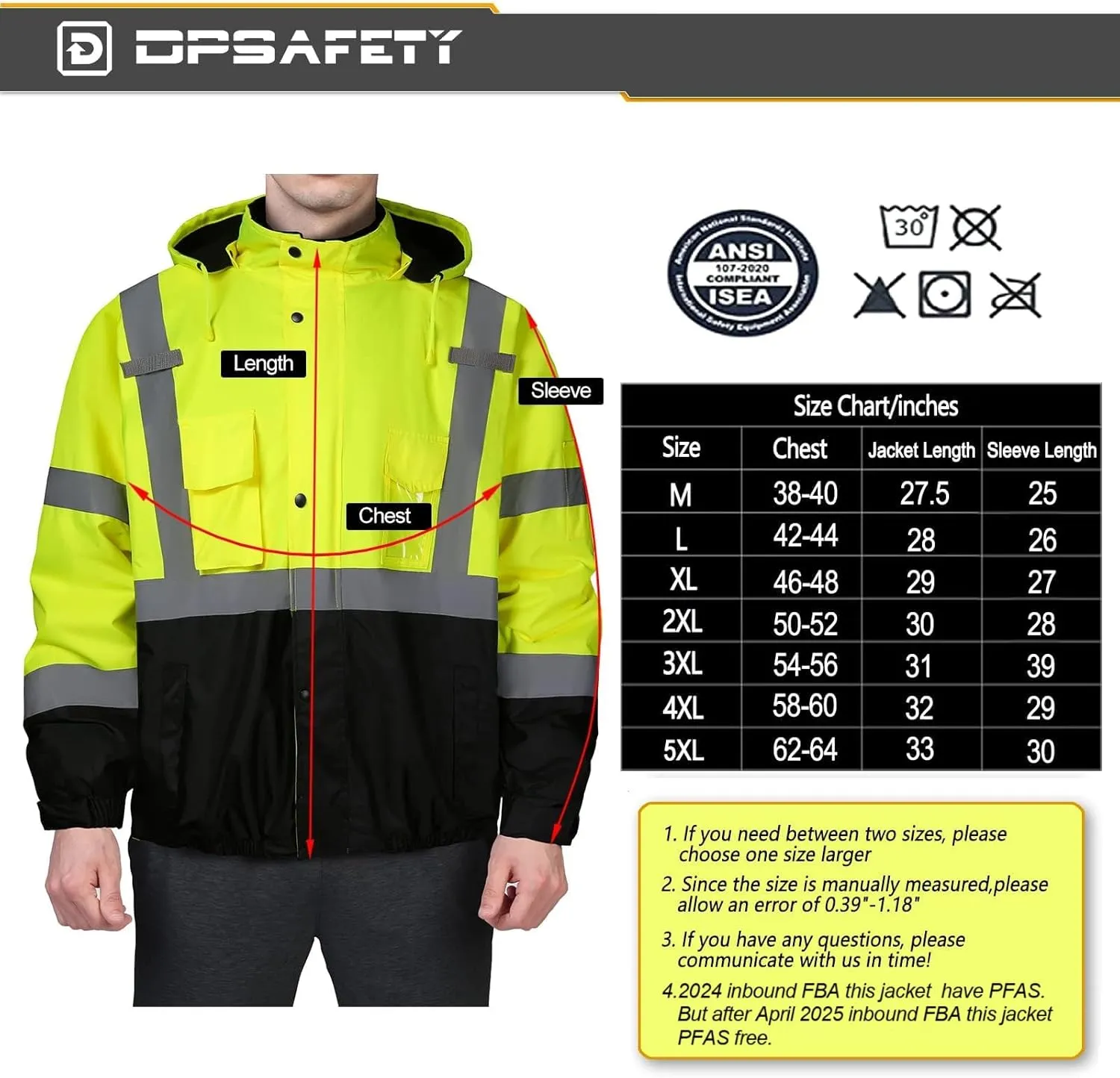 safety jacket for men, Reflective high Visibility Hooded jacket, Hi-Vis Bomber Jacket with Pockets and Zipper, waterproof, Black Bottom, ANSI/ISEA 107-2020 Type R Class 3,Lime