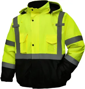 safety jacket for men, Reflective high Visibility Hooded jacket, Hi-Vis Bomber Jacket with Pockets and Zipper, waterproof, Black Bottom, ANSI/ISEA 107-2020 Type R Class 3,Lime