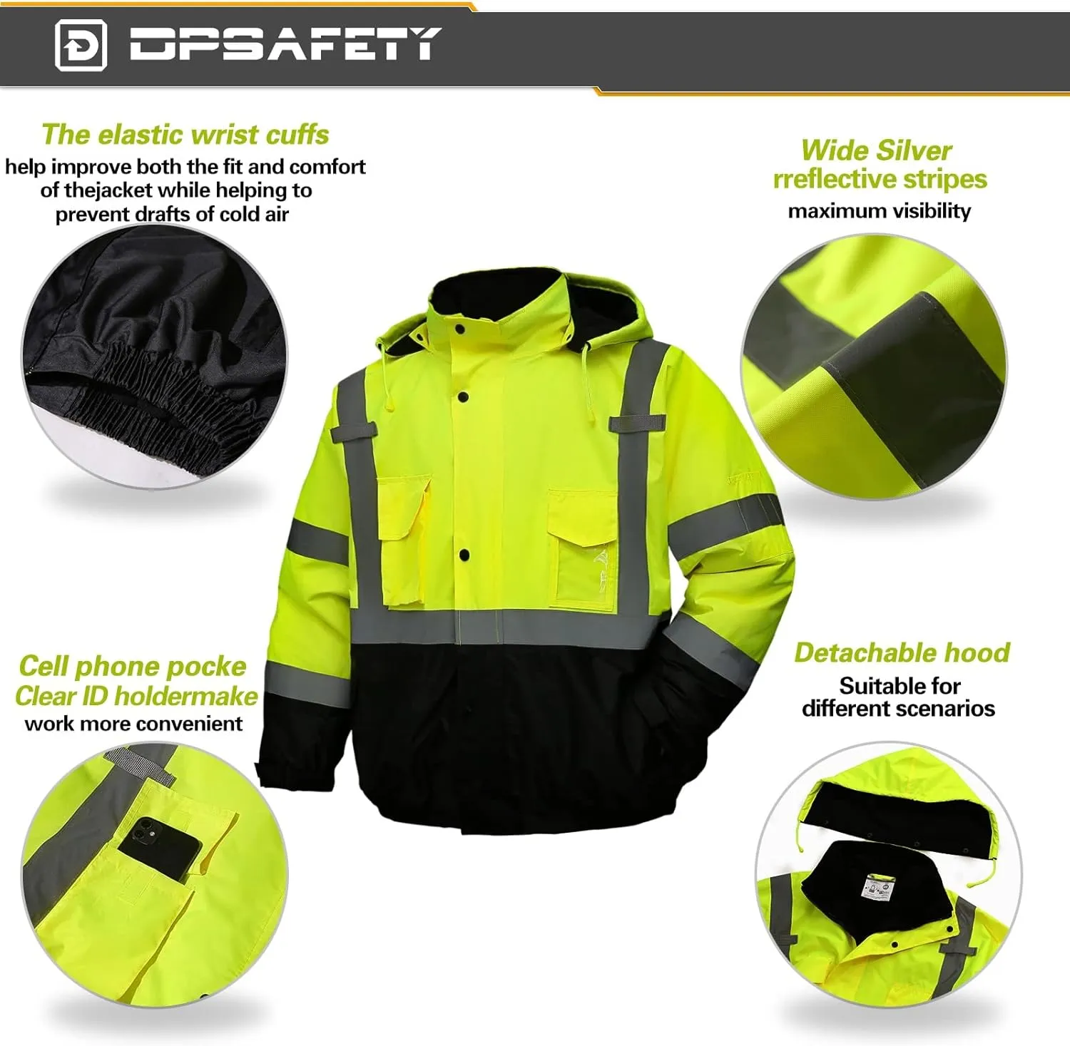 safety jacket for men, Reflective high Visibility Hooded jacket, Hi-Vis Bomber Jacket with Pockets and Zipper, waterproof, Black Bottom, ANSI/ISEA 107-2020 Type R Class 3,Lime