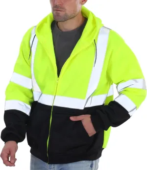 sesafety High Visibility Safety Sweatshirt for Men, Class 3 Reflective Zippered Hooded Sweatshirt, Hi-Vis Safety Hoodie with Black Bottom