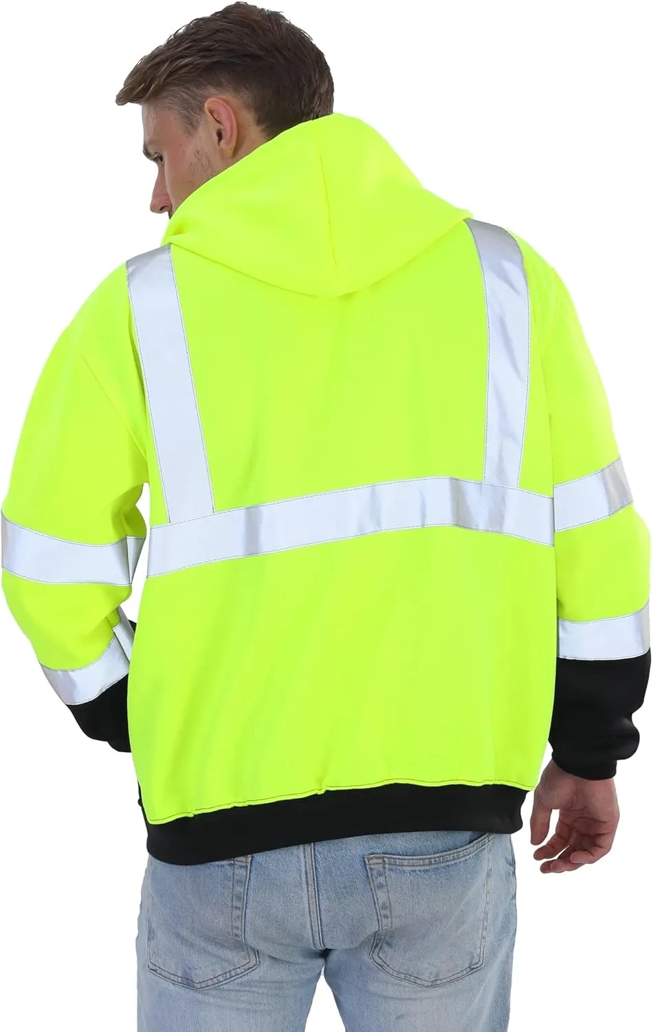 sesafety High Visibility Safety Sweatshirt for Men, Class 3 Reflective Zippered Hooded Sweatshirt, Hi-Vis Safety Hoodie with Black Bottom