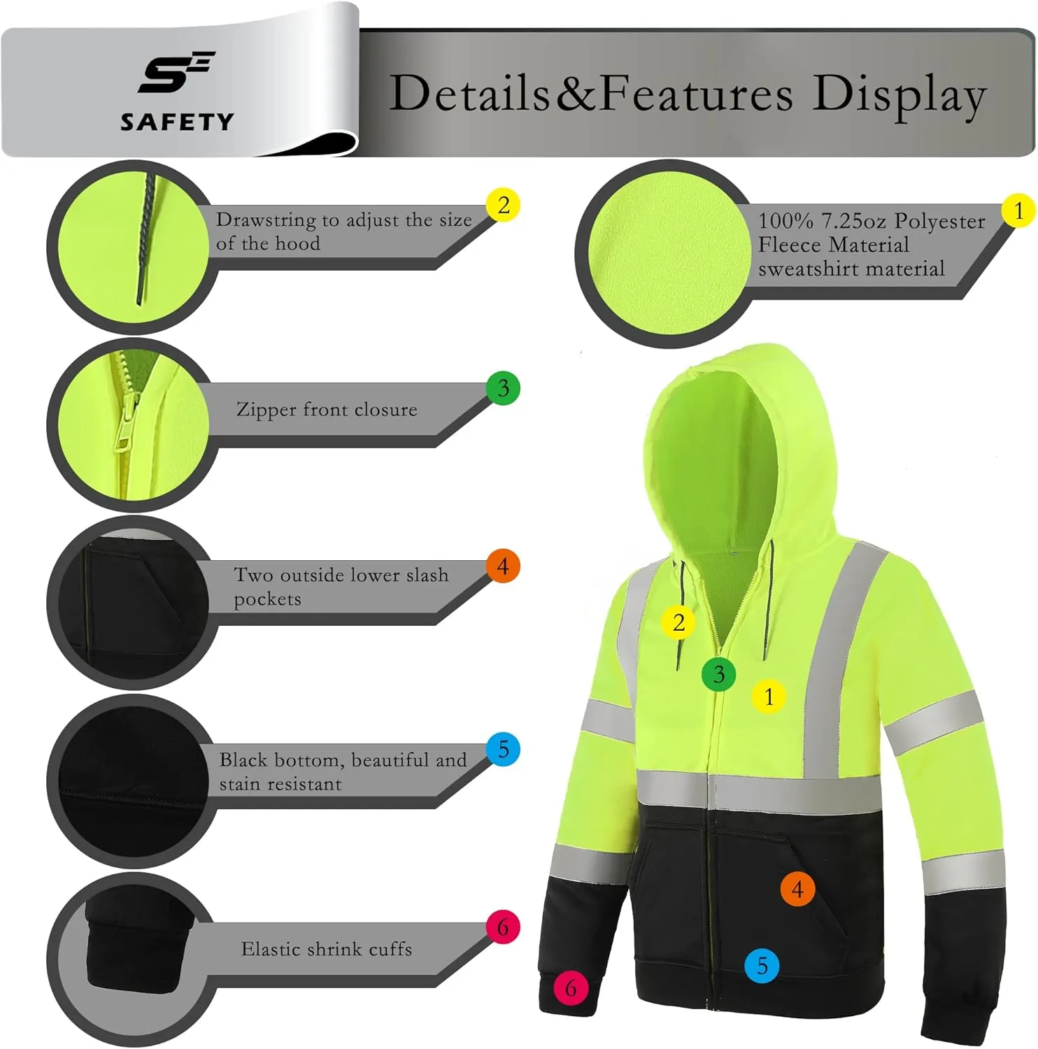 sesafety High Visibility Safety Sweatshirt for Men, Class 3 Reflective Zippered Hooded Sweatshirt, Hi-Vis Safety Hoodie with Black Bottom