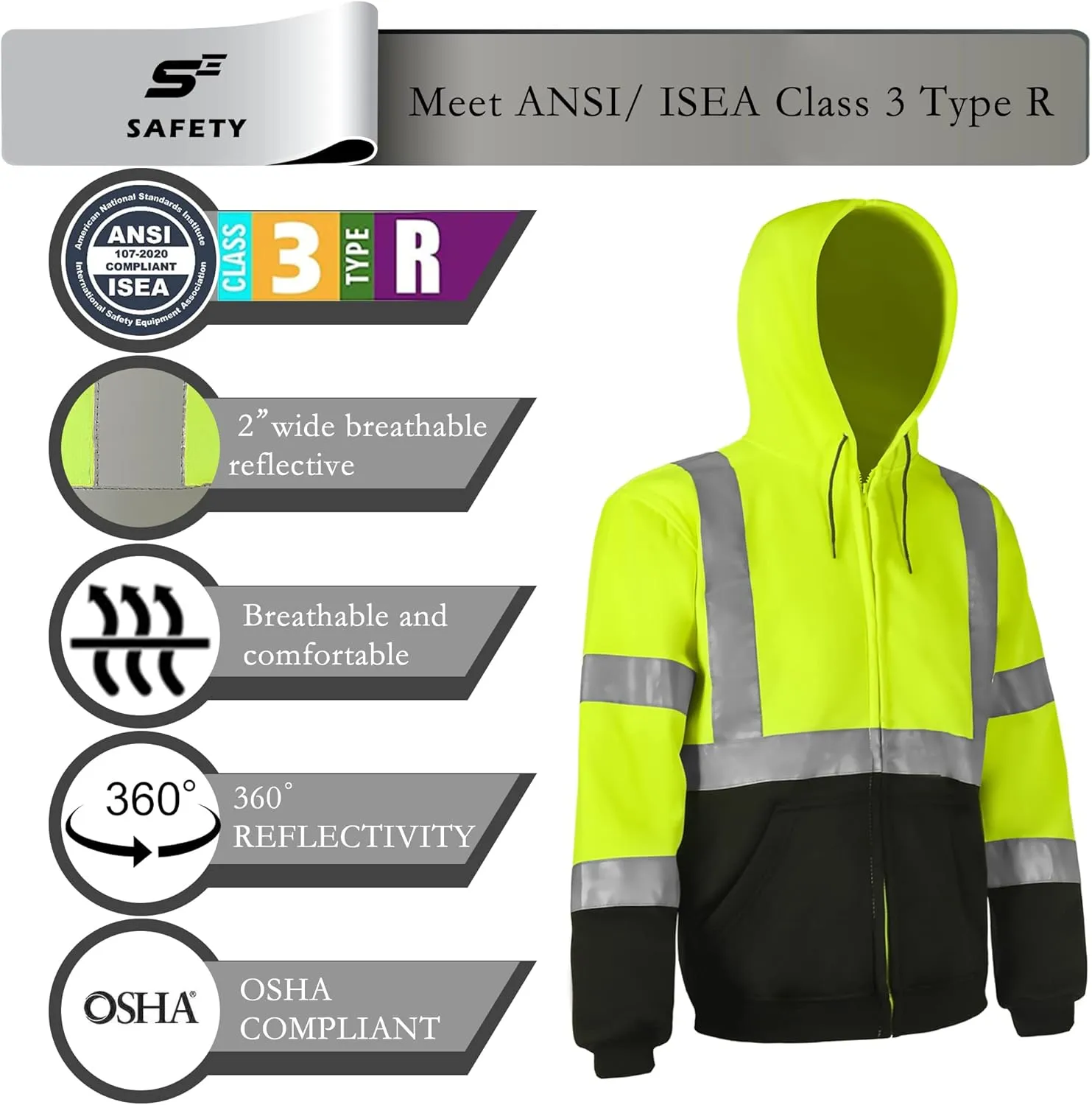 sesafety High Visibility Safety Sweatshirt for Men, Class 3 Reflective Zippered Hooded Sweatshirt, Hi-Vis Safety Hoodie with Black Bottom