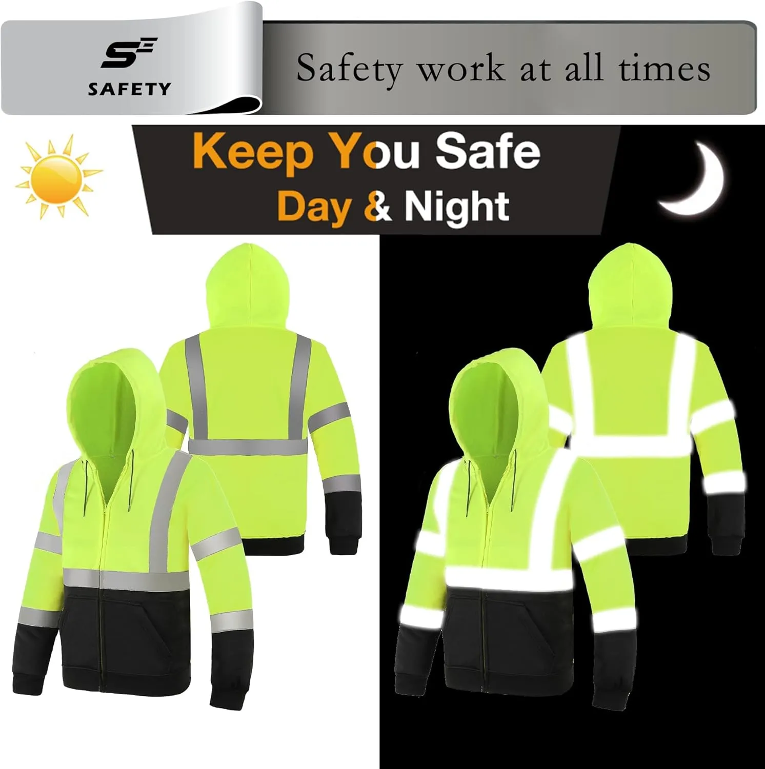 sesafety High Visibility Safety Sweatshirt for Men, Class 3 Reflective Zippered Hooded Sweatshirt, Hi-Vis Safety Hoodie with Black Bottom