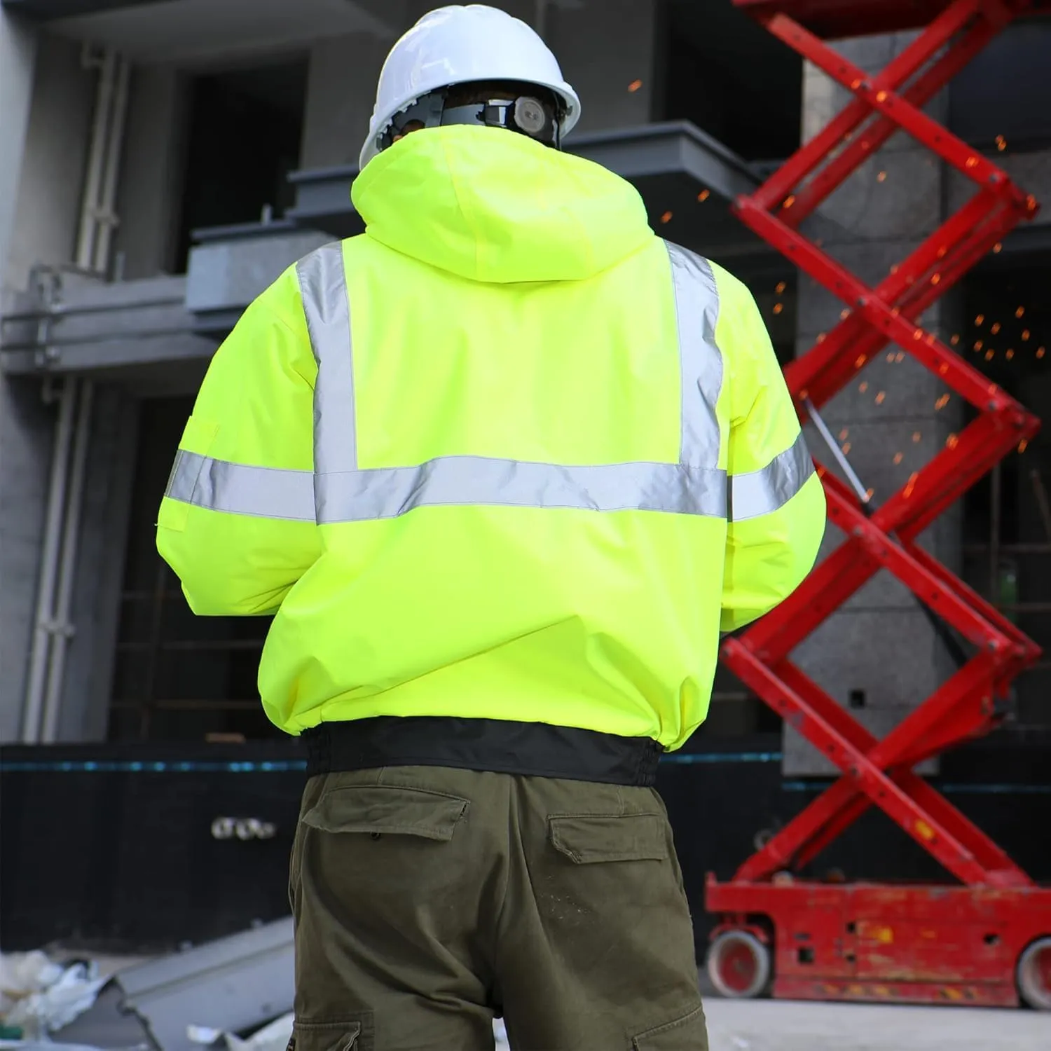 sesafety Reflective Jacket for Men, High Visibility Jackets, Safety Jackets for Men, Hi Vis Construction Bomber Jackets Waterproof with Pockets and Zipper, Black Bottom, Class 3