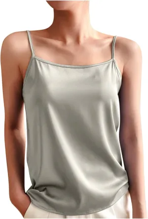 Silky Camisole Tops for Women Spaghetti Strap Tank Top Satin Cami Shirts Basic Undershirt Loose Sleeveless Blouse