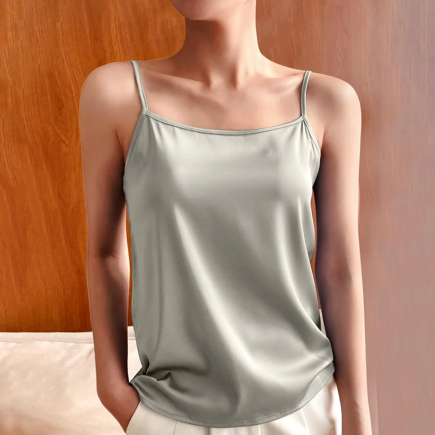 Silky Camisole Tops for Women Spaghetti Strap Tank Top Satin Cami Shirts Basic Undershirt Loose Sleeveless Blouse
