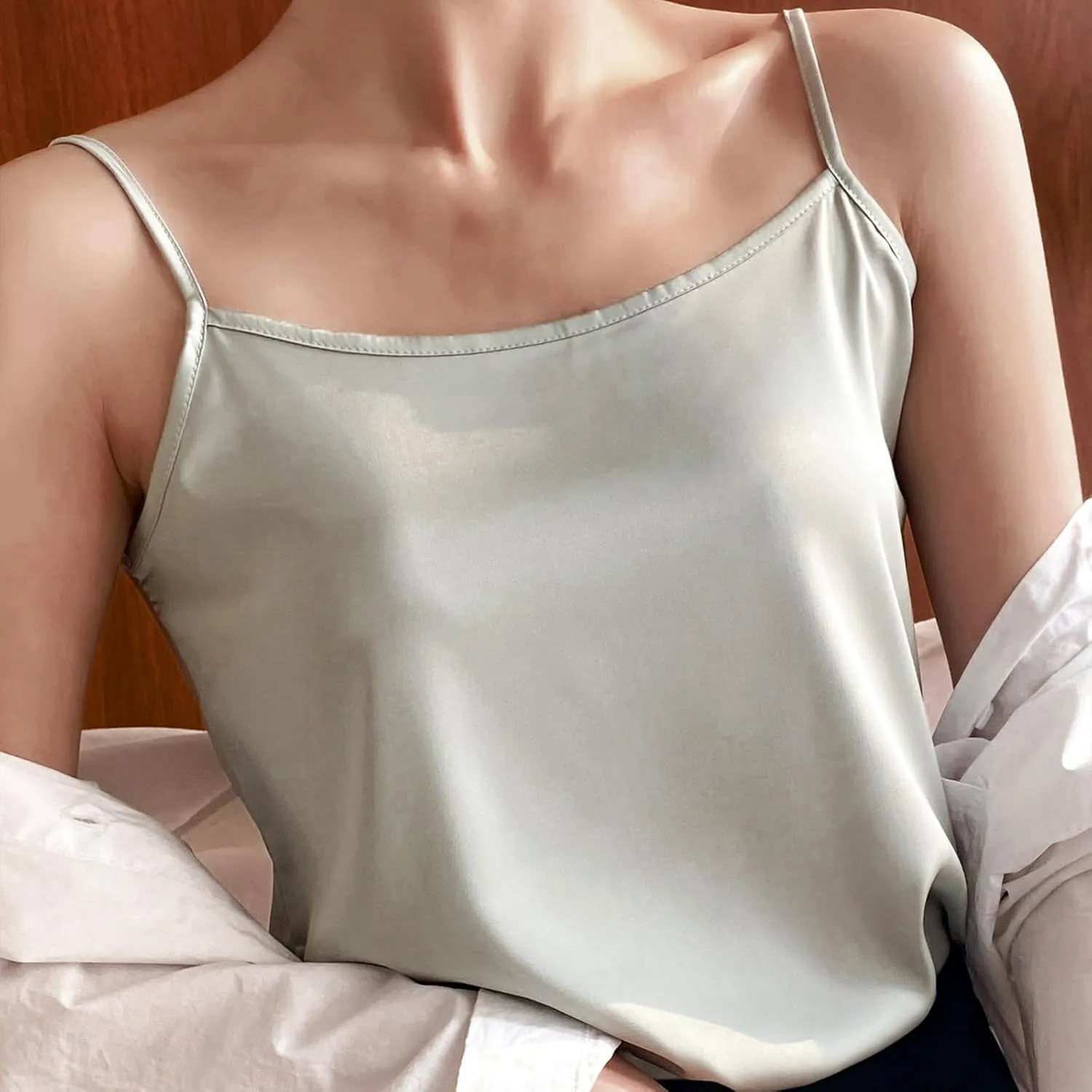 Silky Camisole Tops for Women Spaghetti Strap Tank Top Satin Cami Shirts Basic Undershirt Loose Sleeveless Blouse