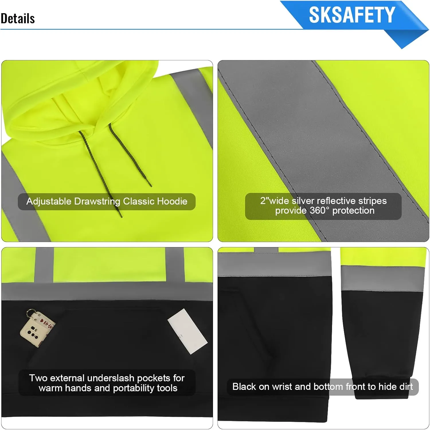 SKSAFETY Hi Vis Work Safety hoodie for Men - Class 3 High Visibility Reflective Hoodie Jacket, High Vis Pullover Hoodie with Black Bottom, Construction Sweatshirts with Pockets