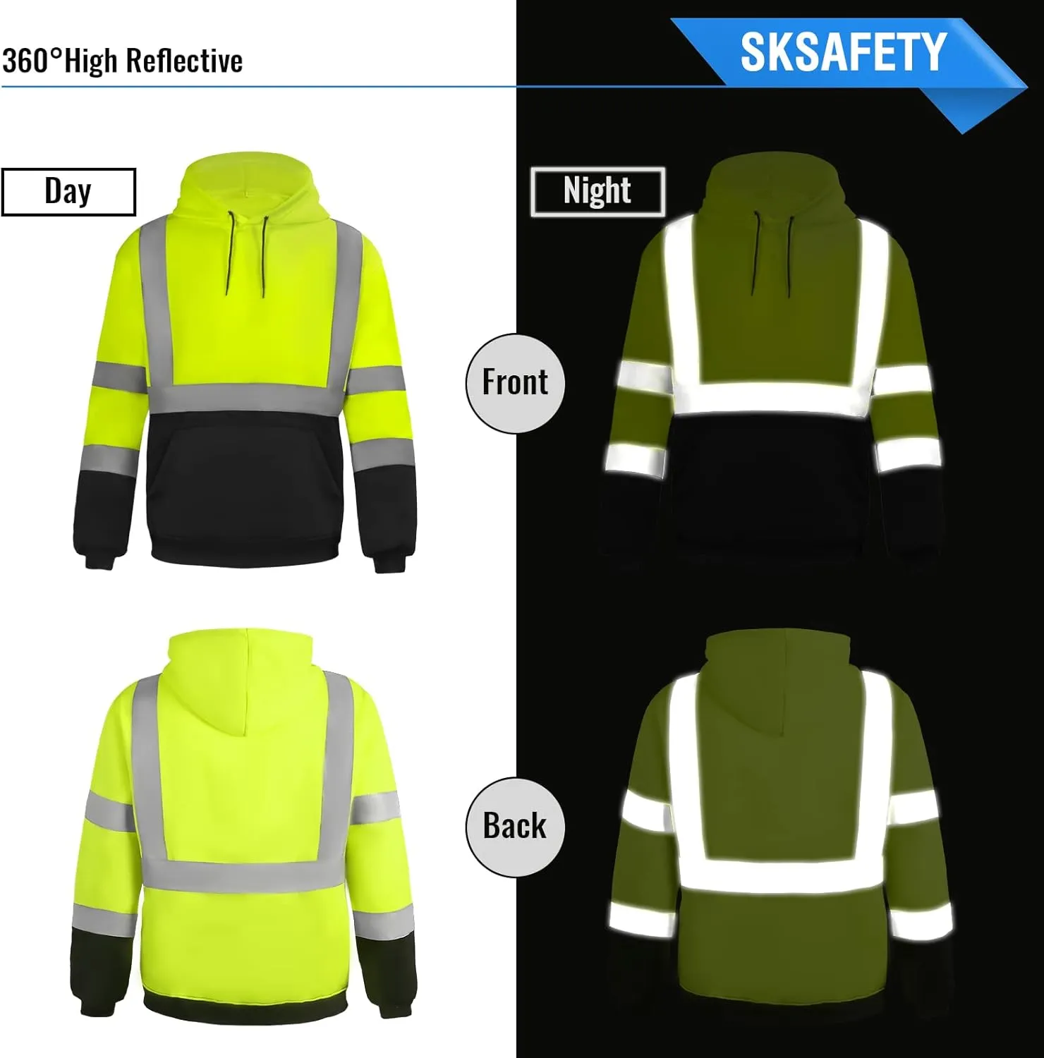 SKSAFETY Hi Vis Work Safety hoodie for Men - Class 3 High Visibility Reflective Hoodie Jacket, High Vis Pullover Hoodie with Black Bottom, Construction Sweatshirts with Pockets