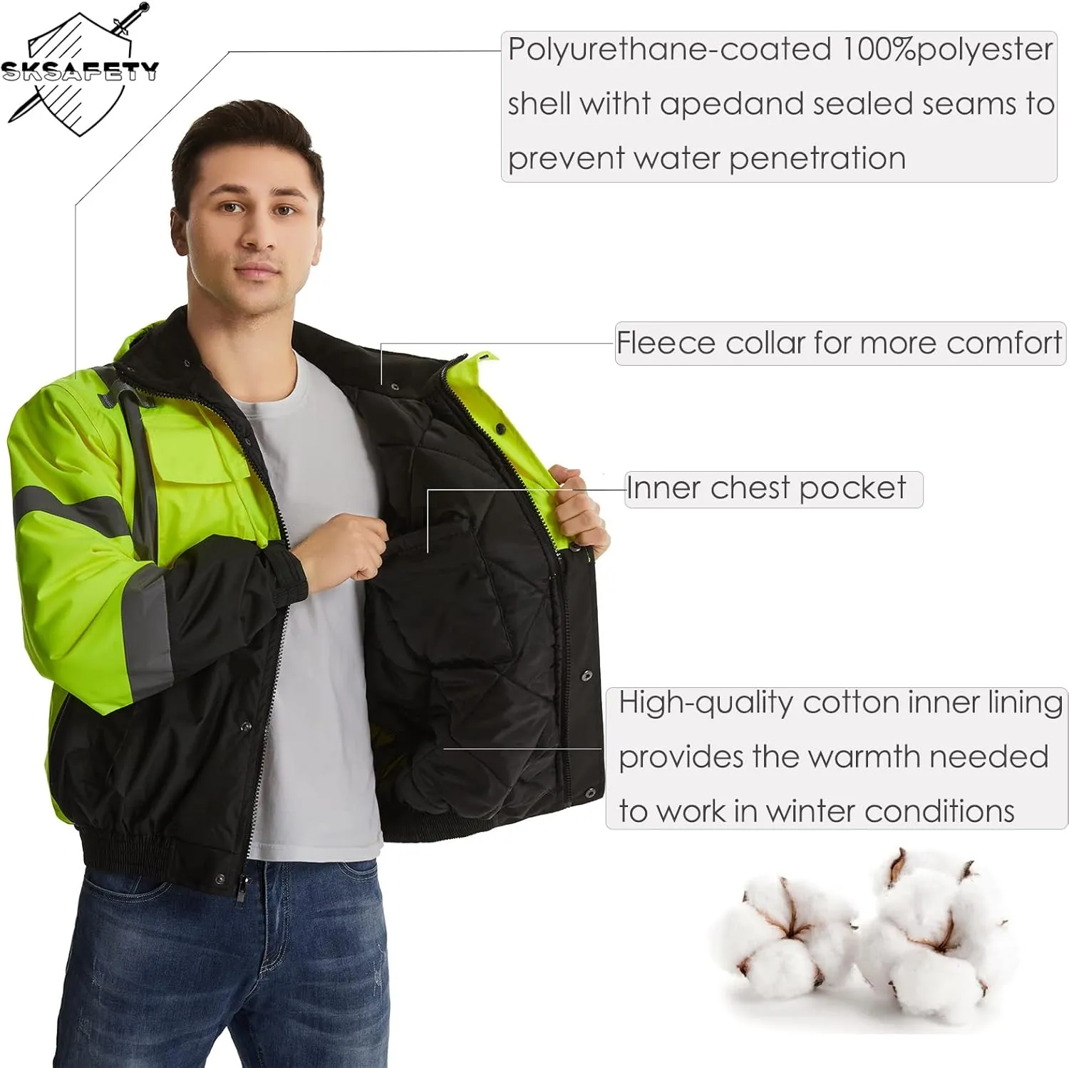 SKSAFETY High Visibility Reflective Jackets for Men, Waterproof Class 3 Safety Jacket with Pockets, Hi Vis Yellow Coats with Black Bottom, Mens Work Construction Coats for Cold Weather, L, 1 Pack