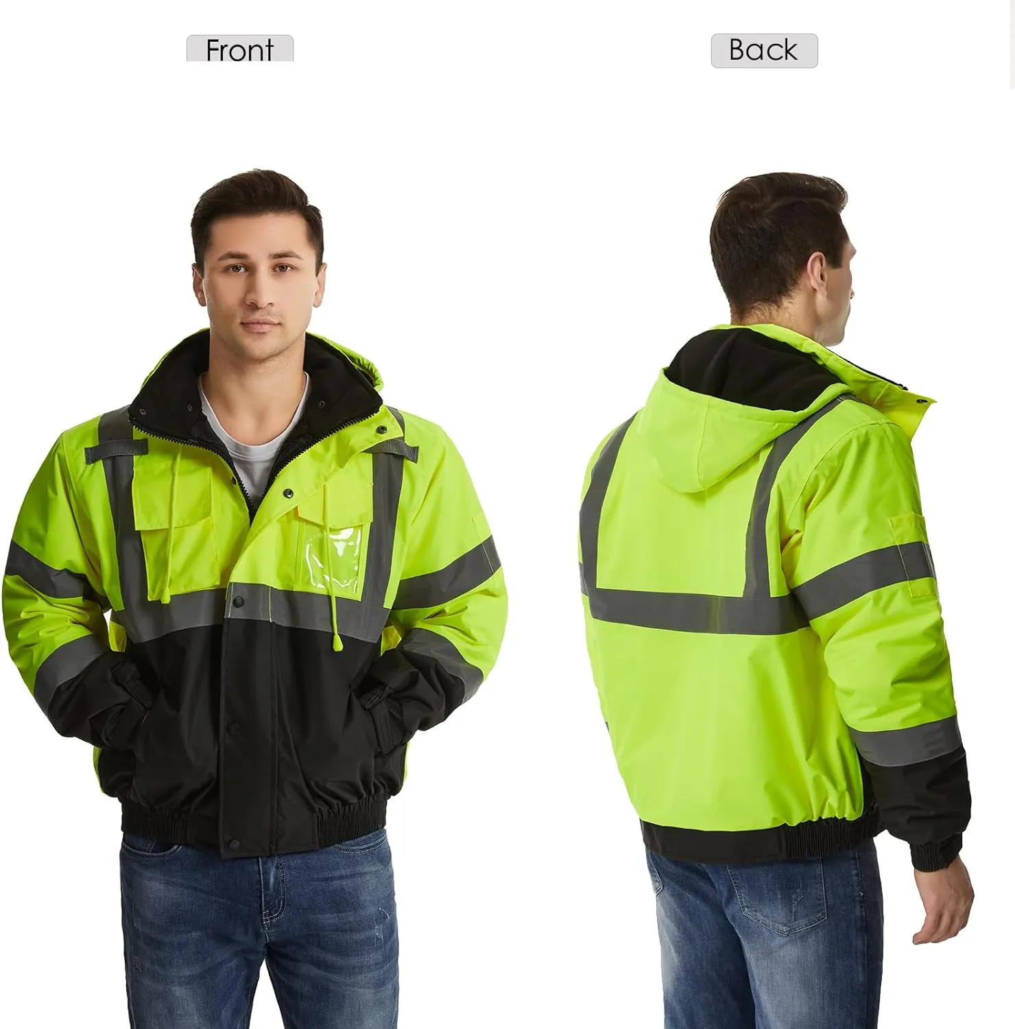 SKSAFETY High Visibility Reflective Jackets for Men, Waterproof Class 3 Safety Jacket with Pockets, Hi Vis Yellow Coats with Black Bottom, Mens Work Construction Coats for Cold Weather, L, 1 Pack