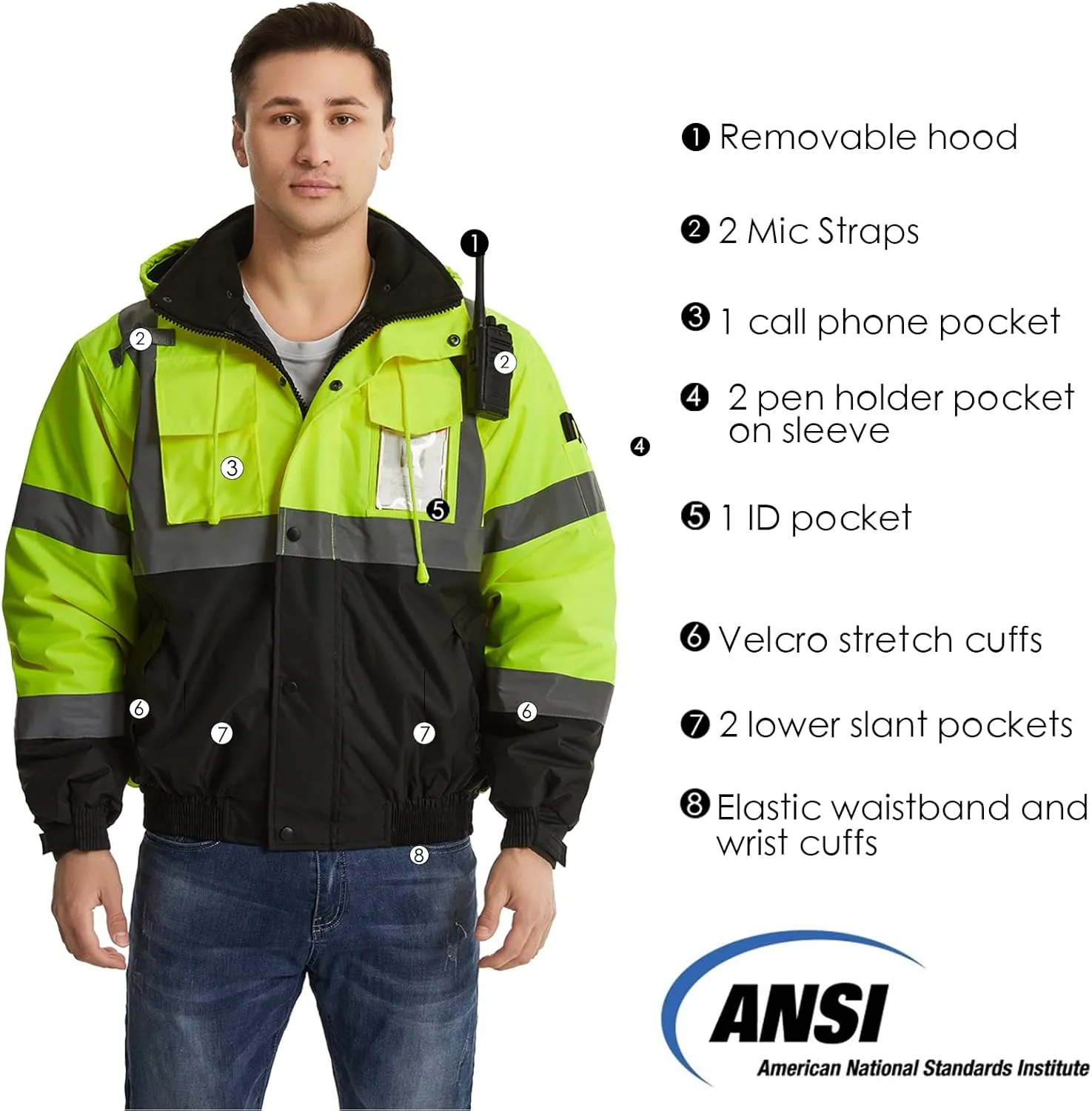 SKSAFETY High Visibility Reflective Jackets for Men, Waterproof Class 3 Safety Jacket with Pockets, Hi Vis Yellow Coats with Black Bottom, Mens Work Construction Coats for Cold Weather, L, 1 Pack