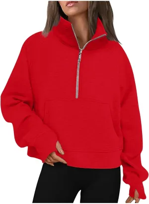 SMIDOW Women Basic Lightweight Quarter Zip-Up Hoodies Half Zip Cropped Fleece Pullover Sweatshirt Winter Clothes 2023 Outfits