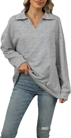 Solid Color Sweatshirts for Women Fall Lapel Split V Neck Long Sleeve Plain Pullover Tops Casual Loose Joggers Hoodies