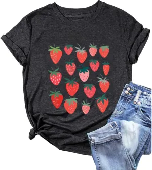 Strawberry Shirt Peach T-Shirt Vintage Boho Kawaii Fruit Graphic Tees Shirt Gift for Women Garden Clothing