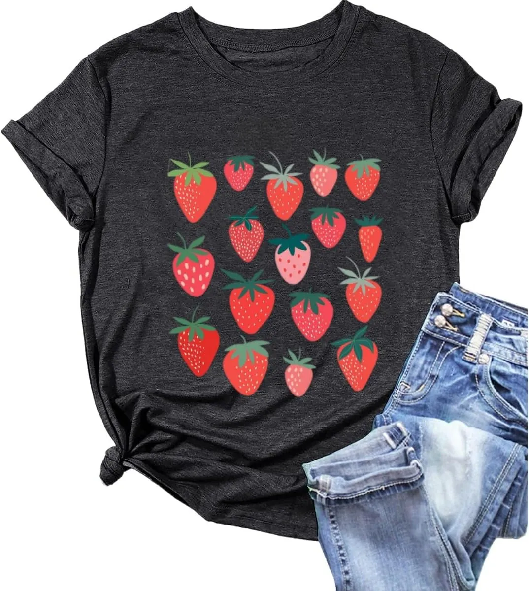 Strawberry Shirt Peach T-Shirt Vintage Boho Kawaii Fruit Graphic Tees Shirt Gift for Women Garden Clothing