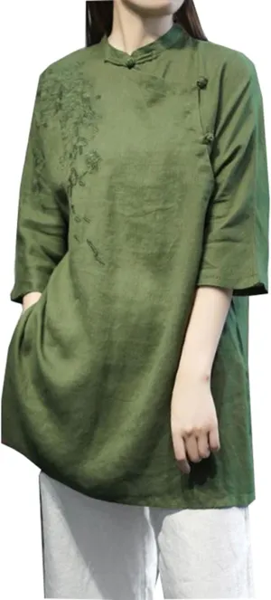Summer Cotton Linen Frog Button Hanfu Retro Embroidered Tops Blouse Tang Suit T-Shirt Tea Clothes Zen Meditation Clothes for Women,X-Large, Green