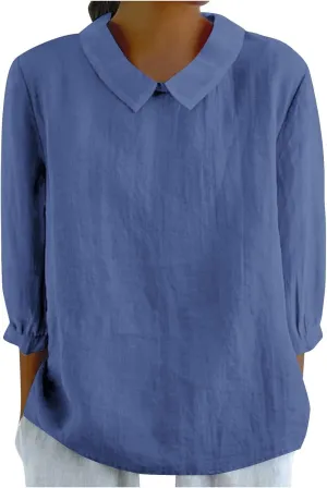 Summer Cotton Linen Gauze Shirts Comfy Shift Breathable Lounge Top Loose Fit 3/4 Sleeve Lapel T Shirt Plain Blouse