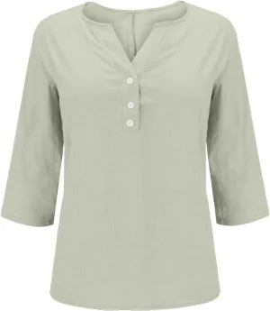 Summer Cotton Linen Shirts for Women 2025 Fashion Solid Color V Neck 3/4 Sleeve Tops Plus Size Casual Loose Blouses