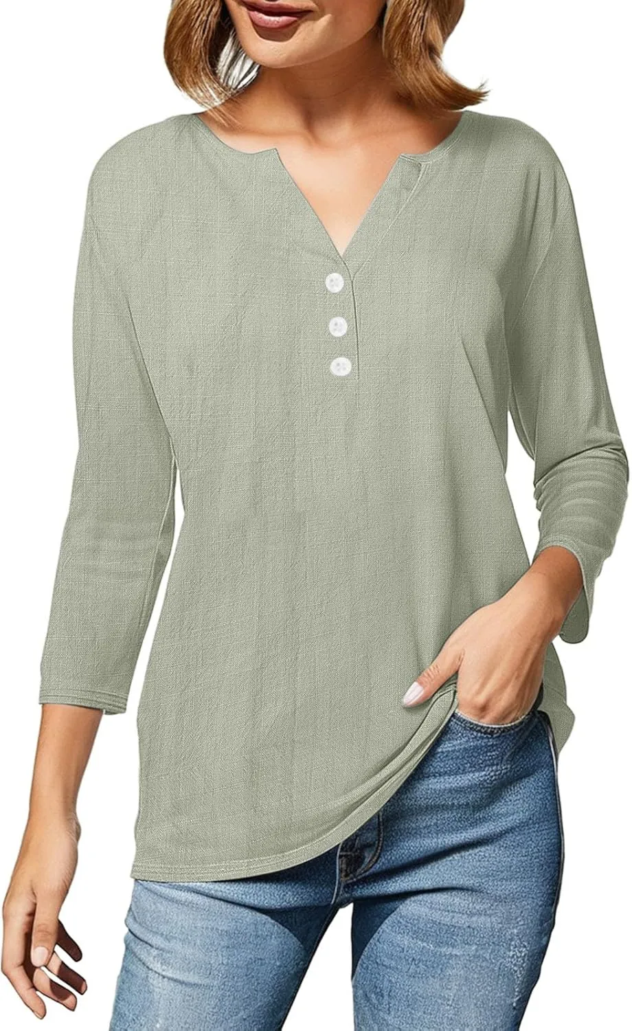 Summer Cotton Linen Shirts for Women 2025 Fashion Solid Color V Neck 3/4 Sleeve Tops Plus Size Casual Loose Blouses
