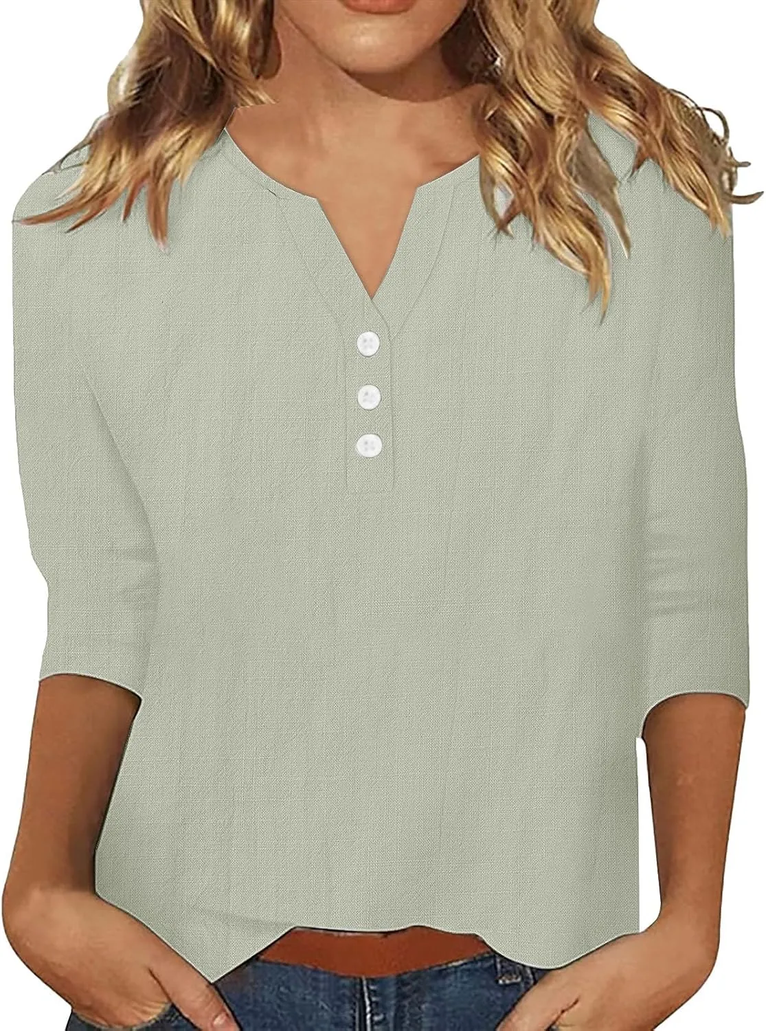 Summer Cotton Linen Shirts for Women 2025 Fashion Solid Color V Neck 3/4 Sleeve Tops Plus Size Casual Loose Blouses