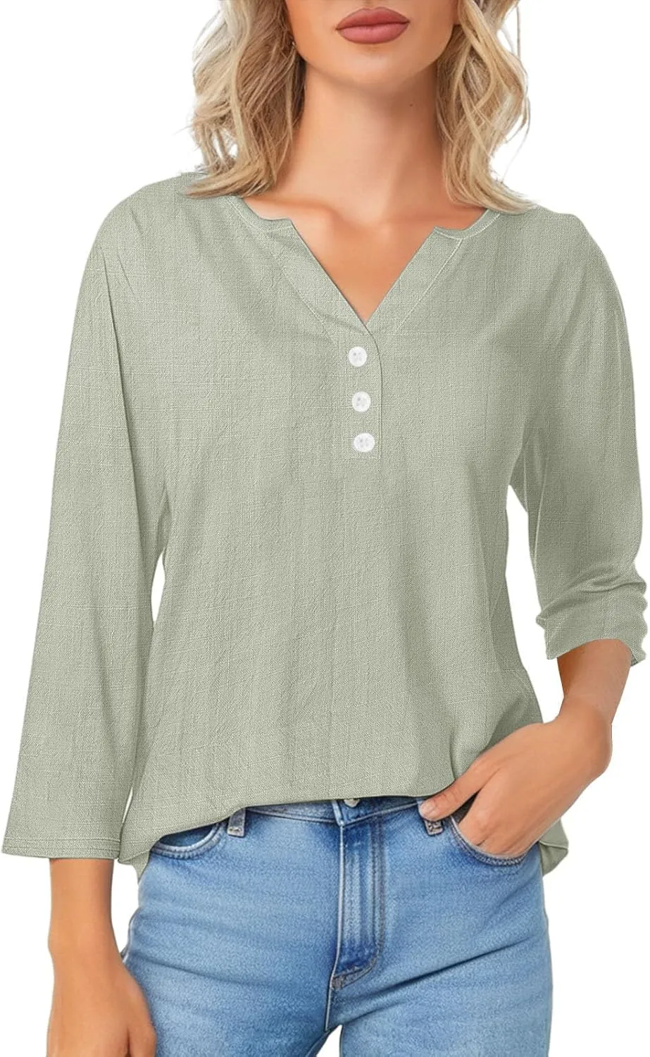 Summer Cotton Linen Shirts for Women 2025 Fashion Solid Color V Neck 3/4 Sleeve Tops Plus Size Casual Loose Blouses