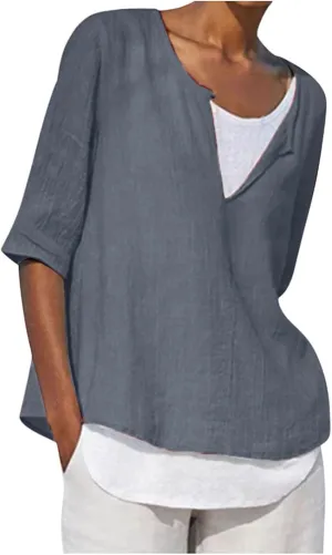 Summer Cotton Linen T-Shirt for Women Soild Color 3/4 Sleeve Notched V-Neck Loose Plus Size Beach Blouses Flowy Top
