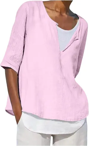 Summer Cotton Linen T-Shirt for Women Soild Color 3/4 Sleeve Notched V-Neck Loose Plus Size Beach Blouses Flowy Top