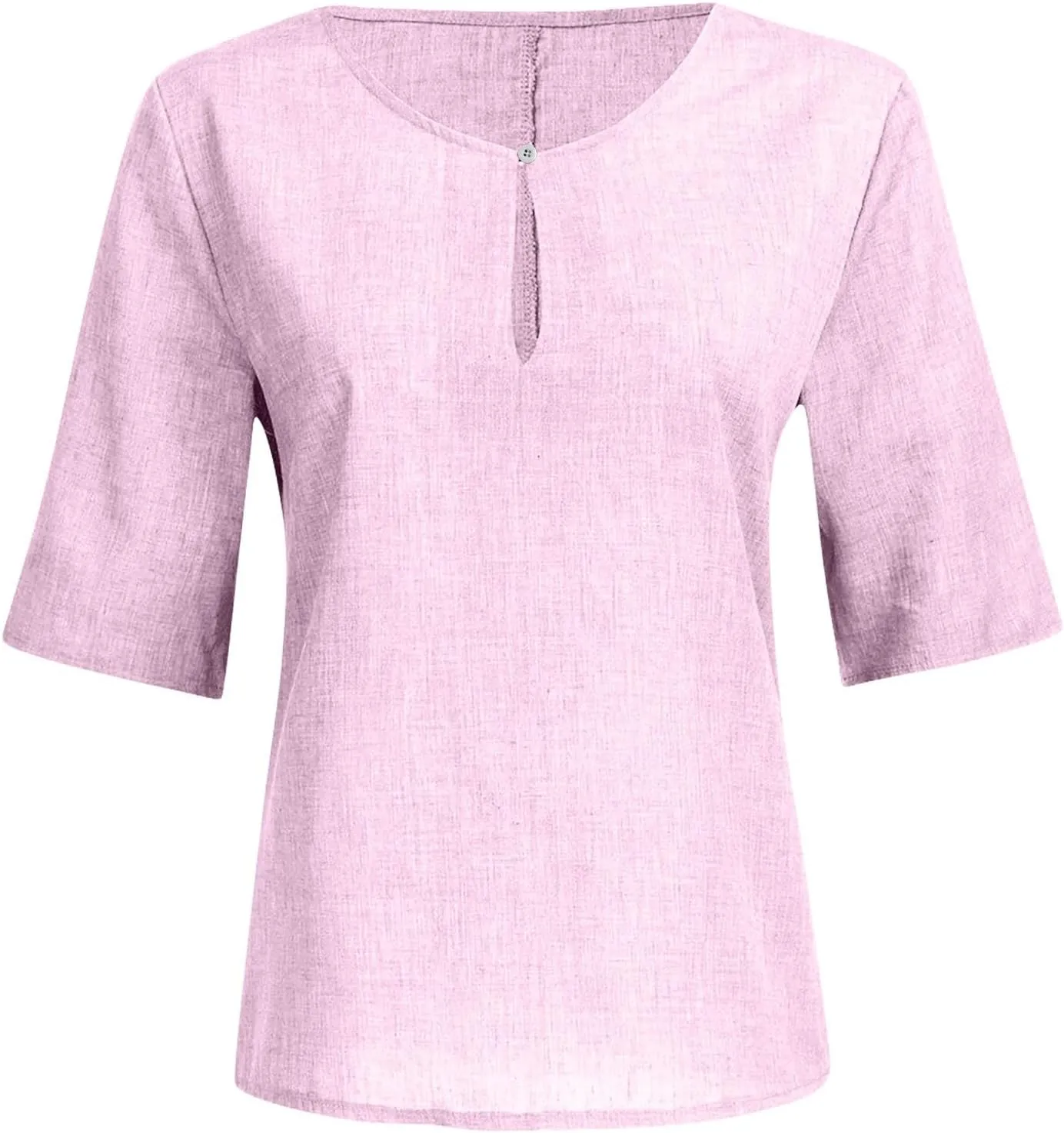 Summer Cotton Linen T-Shirt for Women Soild Color 3/4 Sleeve Notched V-Neck Loose Plus Size Beach Blouses Flowy Top